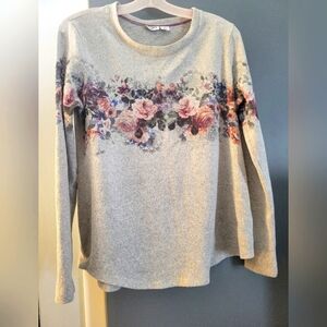 LIKE NEW Misses Sz M Cato Gray Long Sleeve Ltweight Sweater with Floral Design